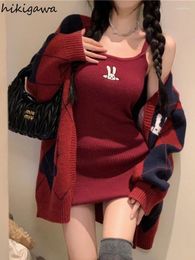 Work Dresses Knitted 2 Piece Sets Women Clothing Plaid Oversized Cardigan Coat Sexy Sling Bodycon Mini Dress Suit Roupas Femme Casual