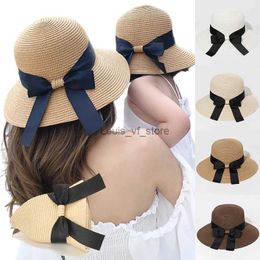 Wide Brim Hats Bucket Foldable Ribbon Bowknot Sun For Girls Simple Straw Hat Outdoor Protect Beach Cap Female Parent-Child H240330