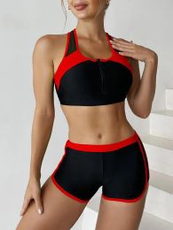 2024 New Sport Sets Zipper Swimwear Female Two Pieces Shorts Summer Solid Swimsuit Women Beach Wear Swimming Suits Beachwear