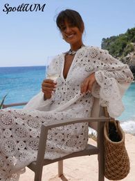 V Neck Crochet Hollowed Out Flare Sleeve Midi Dres Loose See Through Vestidos 2024 Sexy Party Beach Vacation Female Robes 240327