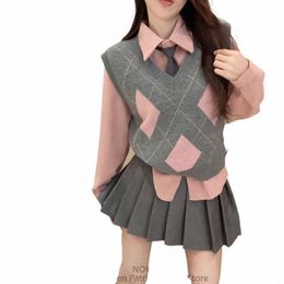 spring Autumn 2024 Japanese Korean Academy Style Uniform Set Women's Knitted Vest Sweater Pink Lg Sleeved Shirt Pleated Skirt 78K5#