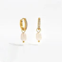 Hoop Earrings Waterproof & Tarnish Free Fashion Baroque Profiled Pearl With Zircon Earring Stainless Steel Jewellery