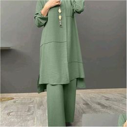 Ethnic Clothing Zanzea Women Urban Tracksuit Muslim Two Piece Sets Elegant Long Sleeve Blouse Wide Leg Pants Solid Loose Outifits 2Pcs Otfud