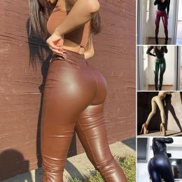Spring Autumn Women Pants Solid Color High Waist Good Stretch Slim Fit Faux Leather Trousers Sexy Hip Lift Pencil Pants Streetwe