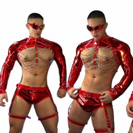 red Pole Dance Costume For Male Sexy Chest Straps Tops Short Nightclub Gogo Dance Clothing Dj Ds Rave Outfit Clubwear VDB7258 E7Qt#