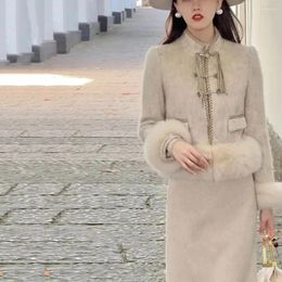 Work Dresses French Style Exquisite Sets For Women 2 Pieces Winter Woollen Blends Fur Splice Jackets High Waist Straight Skirt Elegant Suits