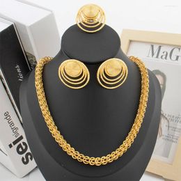 Necklace Earrings Set Fashion Jewelry Women Dubai 18K Gold Color Ring Simple Luxury Jewellery Daily Wear Party Accessories