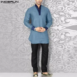 Ethnic Clothing INCERUN Tops 2024 Muslim Style Mens Shirts Dual Colour Patchwork Design Standing Collar Long Sleeved Blouse S-5XL
