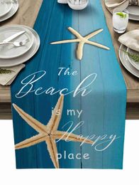 Table Runner Welcome To The Sea Beach Starfish Shell blue Linen Dresser Scarf table decor Washable Holiday Dining Runners yq240330