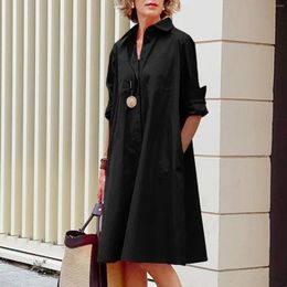 Casual Dresses Summer For Women Plus Size Commuting Dress Solid Lapel Button Long Sleeve Cotton