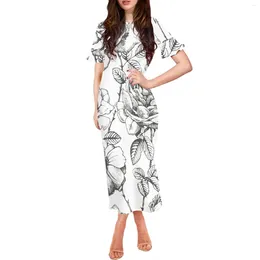 Party Dresses Ink-flower Design Printed Polynesian Tribal Iuxury Women's Gown With Peplum Sleeves Slim Fashion Short