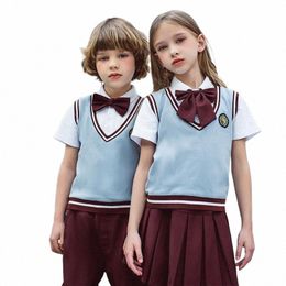 children Korean School Uniform Girls Boys Short Sleeves T Shirt Pleated Skirt Shorts Clothes Set Kindergarten Chorus Costumes d0vy#