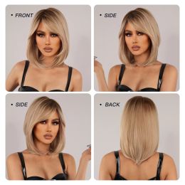 Medium Length Layered Hair Wigs Blonde Golden Ombre Synthetic Wig with Fringe for Women Cosplay Color Wigs Heat Resistant Hair