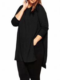plus Size Elegant Spring Autumn Lg Sleeve Casual Blouse Women Sexy Solid Black Slit Sides Tops Large Size Work Office T-shirt 64Lk#