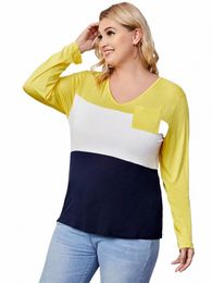 womens Tie Back Plus Size Casual T-shirt Pocket Design Lg Sleeve Yellow Blue White Blocked Spring Autumn Elegant Top Blouse 6X i58V#