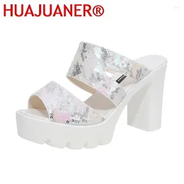 Slippers Plus Size 35-40 Block Platform Women Shoes 2024 Summer High Heels Slides Ladies Star Bling Wedding