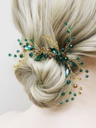 Bohe Golden Green Bridal Hairpins and Earrings Set Crystal Rhinestone Handmade Bride Hair Clips Wedding Accessories Decorations