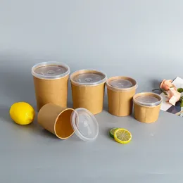 Disposable Cups Straws 50 Pcs 12 Oz Soup CupThicken Oirl-proof Kraft Paper Barrel Container With Lids (50 Cup PP Lid)