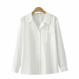 unique Single Pocket Cott Shirt Women Plus Size Autumn Winter Casual Clothing Tailored Collar Blouses Lg Sleeve White Tops V4ka#
