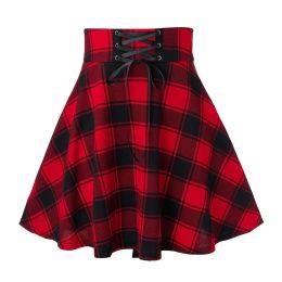 Gothic Punk Harajuku Women Plaid Print Skirt Lace Up Vintage Casual Green Red Plaid Party Pleated Woollen Skater Punk Skirt 2023