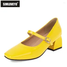 Dress Shoes SIMLOVEYO 2024 Retro Pumps Square Toe Mary Janes Buckle Strap 5cm Chunky Heel US20 21 Black Red Apricot Blue Yellow A4247