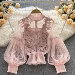 Women's Blouses Women Solid Colour Shirt Elegant Floral Mesh Sleeve Party Blouse For Sheer Lantern Lace Detail Round Neck Spring