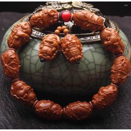 Strand Olive Stone Carving Lotus Leaf Version Twelve Zodiac Red Oil Core Hand-Carved Animal Bracelet