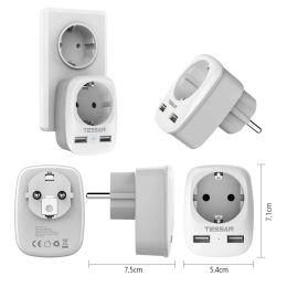 TESSAN 3 in 1 USB Charger Wall Plug Adapter with 2 USB (2.4A), EU Wall Socket Power Adapter for Travel, Home, Office