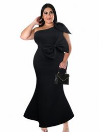 fishtail Dres for Women Plus Size Black High Waist Bowtie Trumpet Night Celebrate Evening Party Prom Gowns 4XL Curvy Outfits v4BA#