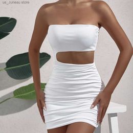Basic Casual Dresses Women Sexy Backless Slveless Mini Dress Strapless White Hollow Out Party Pleated Bodycon Short Dresses T240330