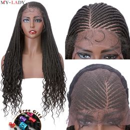 My-Lady Synthetic 28'' Cornrow Braids Lace Wigs Curly Ends Box Braided Lace Front Wig With Baby Hair Frontal Afro Wig Free Gift