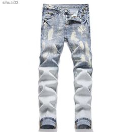 Men's Jeans Mens button fly stretch denim jeans street clothing laundry light blue pants tight tapered TrousersL2403