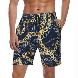 Men's Shorts Male Gym Gold And Grey Chain Stylish Swimming Trunks Links Print Breathable Sports Fitness High Quality Beach Short Pants