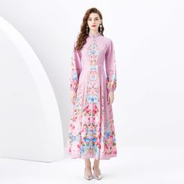 Ladies 2024 Spring/Summer - Vacation Style Stand Up Collar Single Breasted Diagonal Cut Print Wide Swing Long Dress 828910