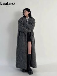 Lautaro Herbst Winter Kleidung Frauen übergroße extra lange lässige warme graue Wolle Mischung Frauen Maxi Flauschiger Wollmantel