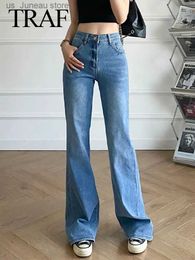 Jeans da donna TRAF 2023 Nuove donne Moda retrò Solido semplice pantaloni in denim svasato a vita media con cerniera Jeans causali femminili alti T240330