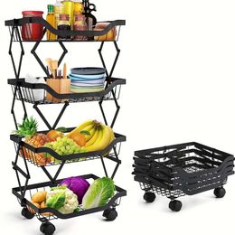 1pc Foldable Multifunctional Basket Fruit Vegetable Snack Book, Movable Small Cart for Laundry Room Bathroom, Multi-layer Corner Storage Rack