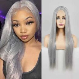 Nxy Vhair Wigs Rongduoyi Silky Straight Sliver Hair Synthetic Wig Natural Hairline Middle Part Grey Color Lace Front Daily Cosplay Use 240330