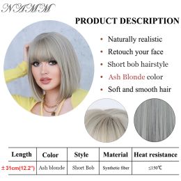 NAMM Ash Blonde Colour Short Bob Wigs Women Synthetic Wigs with Bangs Female Cosplay Hair Heat Resistant Straight Natural Wigs