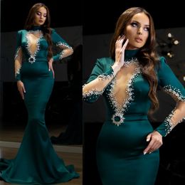 2024 Evening Dresses Elegant Prom Dresses for Special Occasions High Neck Long Sleeves Illusion Beaded Rhinestones Decorated Formal Gowns Birthday Dress AM580