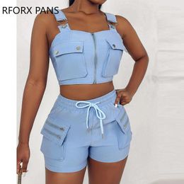 Women's Tracksuits Women Chic Solid Thick Straps Multi Pockets Zipper Crop Top & Bottoms Metal Buckle Drawstring Two Pieces Short Sets