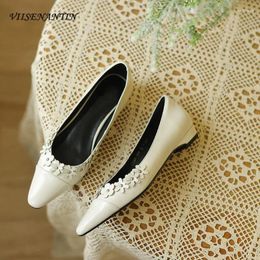 Casual Shoes Genuine Leather Women Single Shoe Flower Decor Shallow Mouth Small Square Toe Low Heel Comfortable Lady Arrival