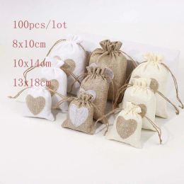 Display 100Pcs/Lot 10x14cm Heart Shape Jute Drawstring Bags Small Jewellery Pouches Cotton Linen Bags Burlap Drawstring Packaging Gift Bag