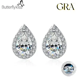 Stud Earrings Butterflykiss 925 Sterling Silver 1CT Water Drop Moissanite For Women Platinum Plated Party Fine Jewellery Gift