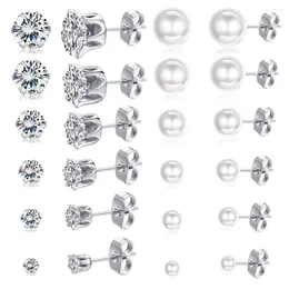 Stud Earrings 1 Pair/12 Pairs Stainless Steel Cubic Zirconia Pearl Ball Set 3-8mm Assorted CZ For Women Girls