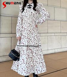 Casual Dresses Chinese Style Knot Buckle Small Floral Dress For Women 2024 Spring Sweet Elegance Long Puff Sleeve Slimming Waist