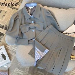 Work Dresses Neploe Korean Fashion Lapel Neck Bow Long Sleeve Tops Women Y2k High Waist Ruched Skirts 2024 Spring Two Piece Sets
