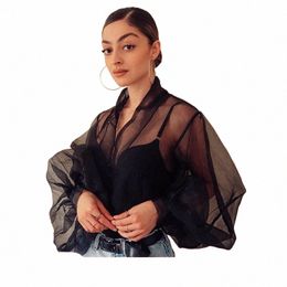 lantern Sleeve Shirt Bubble Sleeve Perspective Mesh Mask Shirt Women's T-shirt Butt Up Cardigan Transparent Blouses L1sJ#