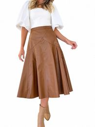 parara Plus Size Skirt For Women, Casual Solid PU Leather High Rise Women's Swing A-line Midi Skirts b0hA#