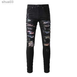 Men's Jeans Mens crack patch bicycle jeans elastic denim tight tapered pants street clothing patch black TrousersL2403